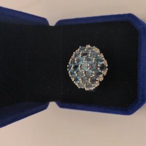 New London Blue Topaz  Silver Plated  Ring.  Size 9 1/2., Genuine, Deep Blue